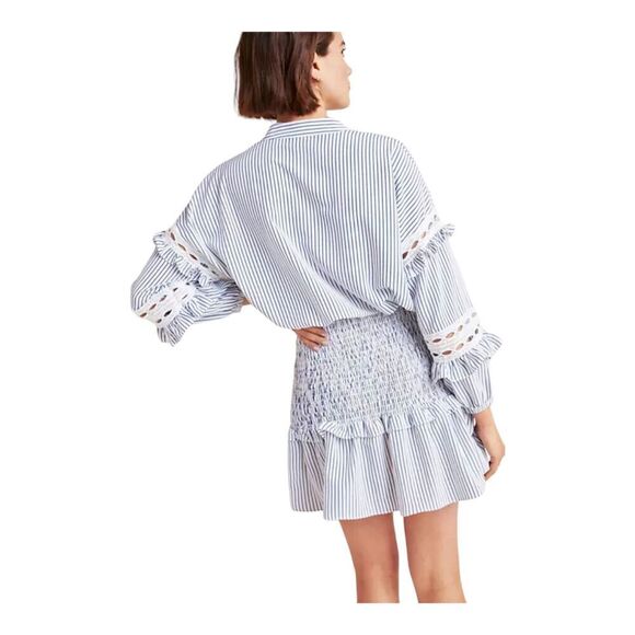Aqua Anthropologie Striped Smocked Long Sleeve Crochet Tassel Tie Mini Dress, XS - Picture 4 of 14